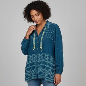 Johnny Was Embroidered Eyelet Pintuck Collared Button Down Long Sleeve Blouse M